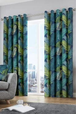 Fusion Tropical Leaves Lined Eyelet Curtains