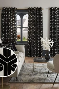 Next Monochrome Geometic Flocked Velvet Eyelet Curtains