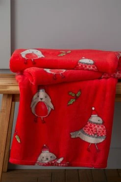 Catherine Lansfield Christmas Robins Warm And Cosy Fleece Throw