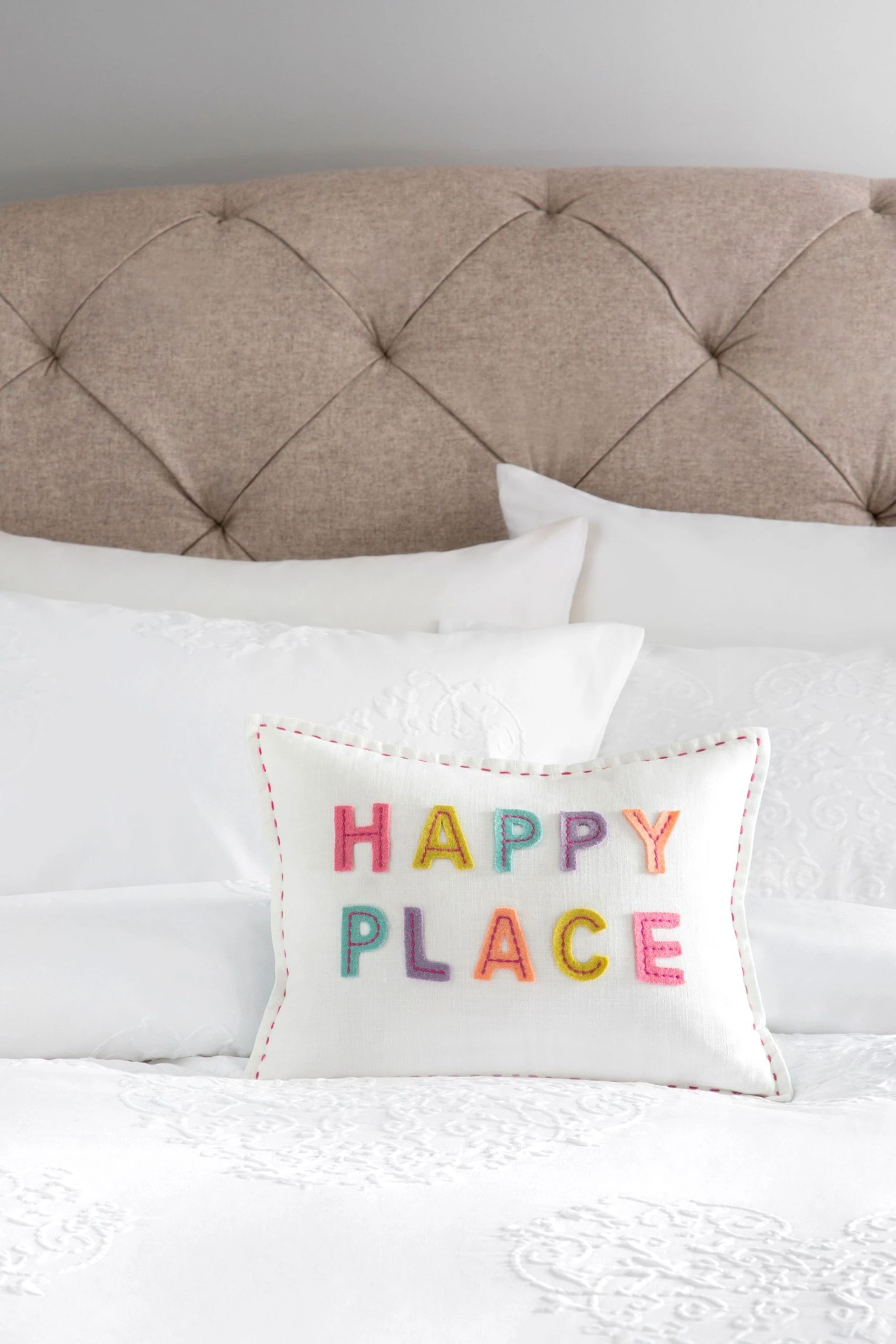 Next Natural White Happy Place Embroidered Oblong Cushion 3 Next Natural White Happy Place Embroidered Oblong Cushion